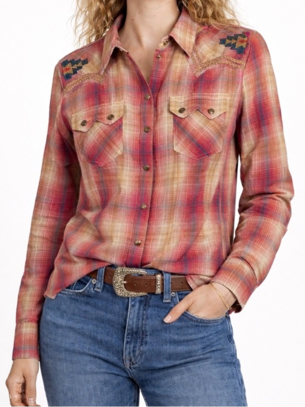 ARIAT Real Enchanting Shirt Top Snap Front Embroidered Pink Plaid Size Medium